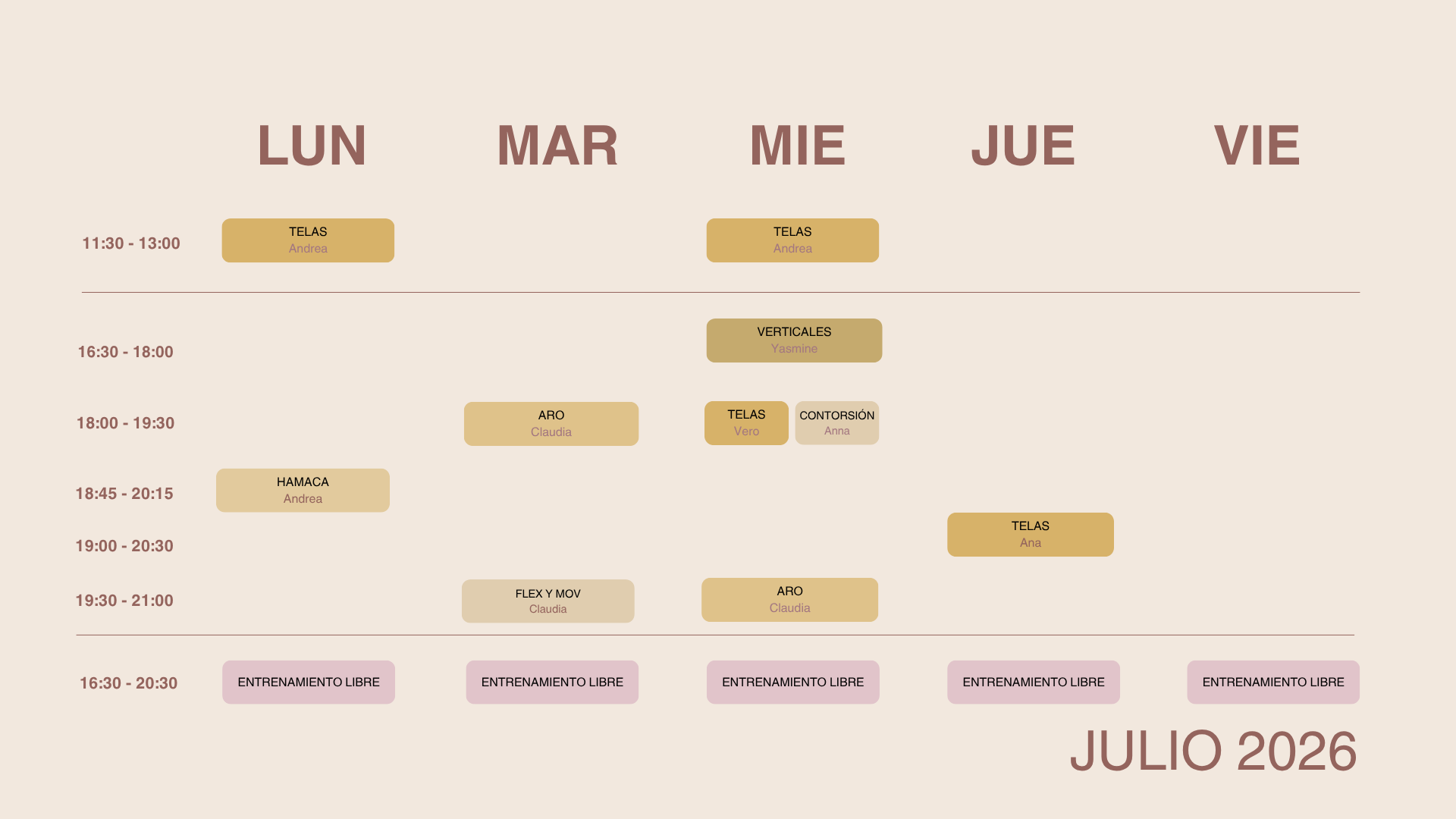 horario clases julio 26